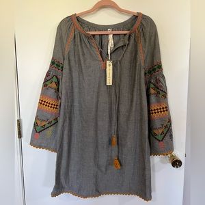 NWT Uncle Frank embroidered chambray tunic A-line dress with bell sleeves